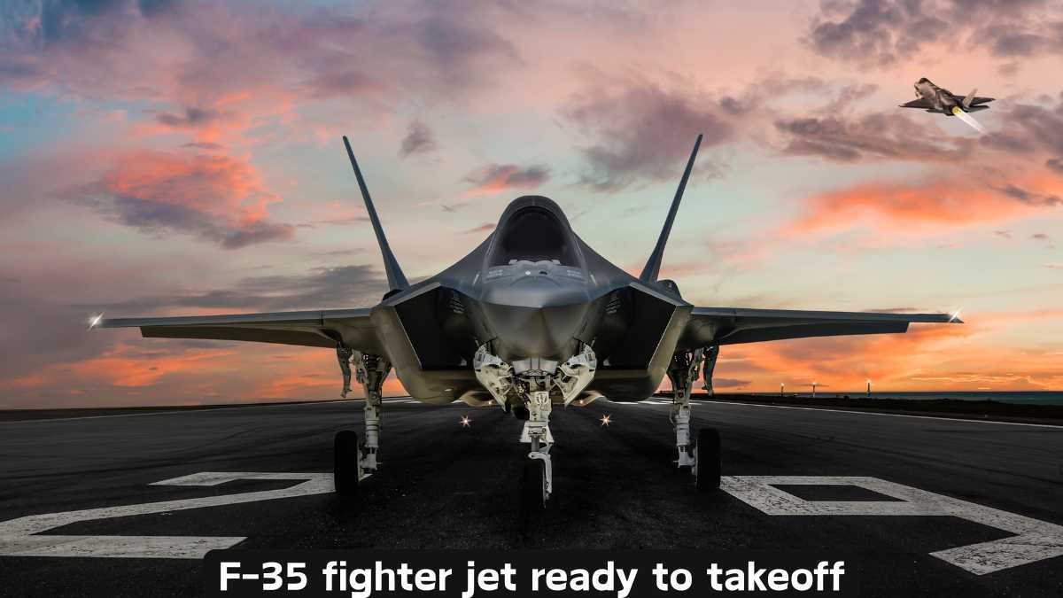 F-35 fighter jet ready to takeoff on runway at sunset