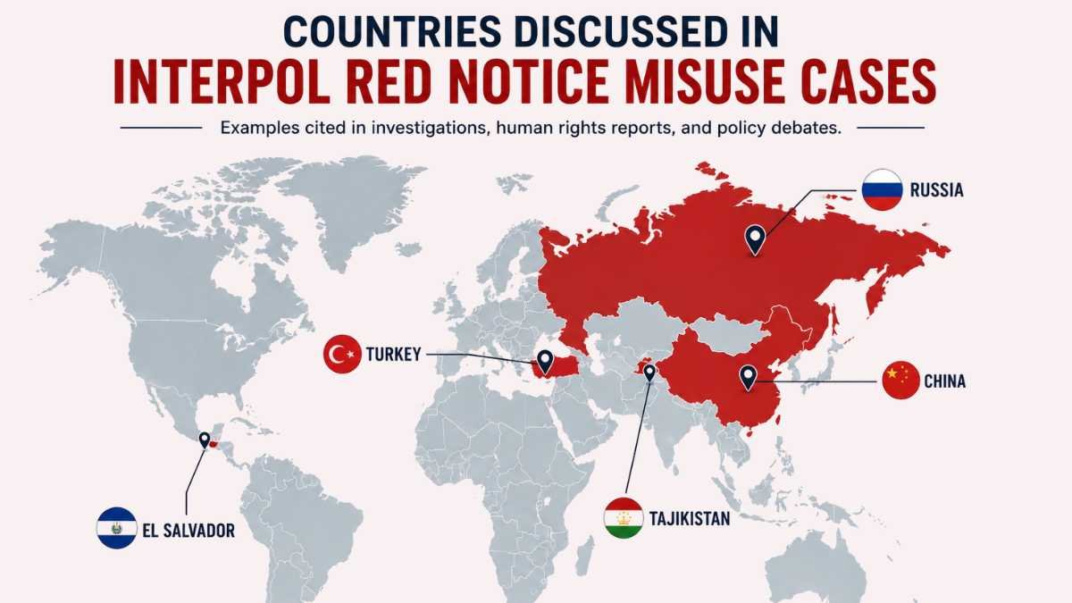 World map highlighting Russia, Turkey, China, Tajikistan, and El Salvador, countries discussed in documented cases of alleged Interpol Red Notice misuse and transnational repression